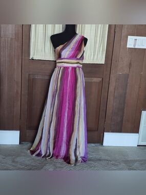 One-Shoulder Striped Maxi Dress in Pink and Purple